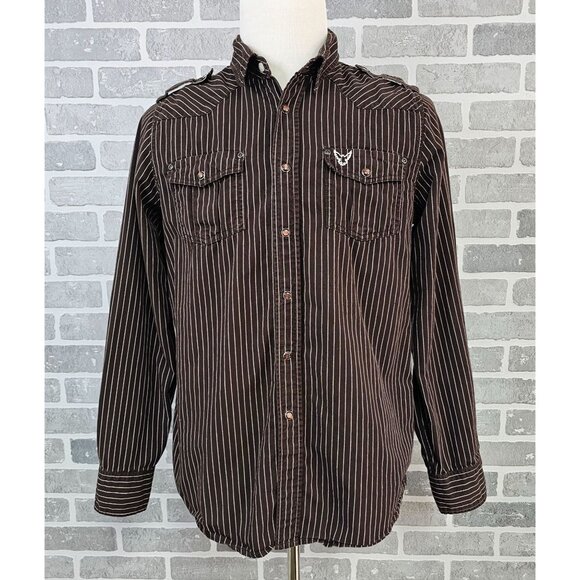 Company 81 Shirt Men's Large Brown White Striped Pearlsnap Western Cowboy Casual - Picture 1 of 13